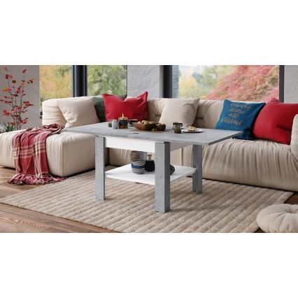 Kihajtható konferencia/étkezőasztal tárolópolccal LIA szürke beton/fehér