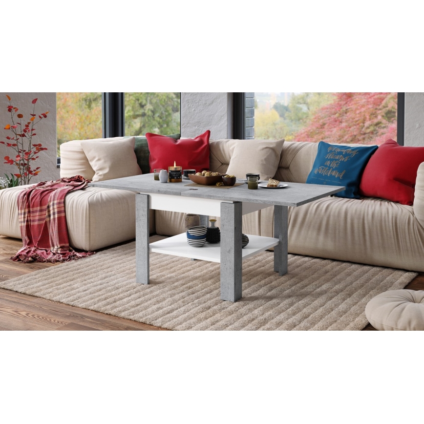 Kihajtható konferencia/étkezőasztal tárolópolccal LIA szürke beton/fehér