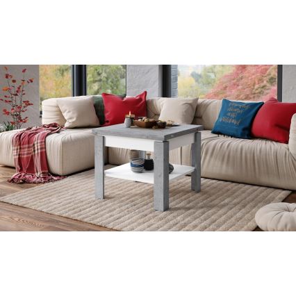 Kihajtható konferencia/étkezőasztal tárolópolccal LIA szürke beton/fehér