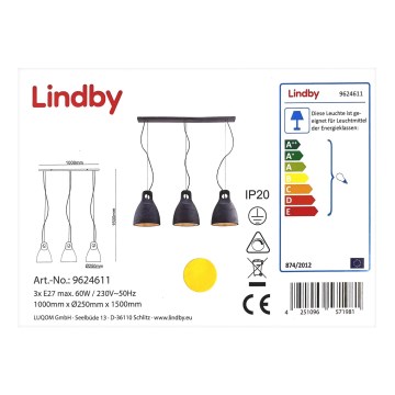 Lindby - Csillár zsinóron IBU 3xE27/60W/230V