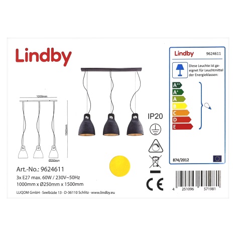 Lindby - Csillár zsinóron IBU 3xE27/60W/230V