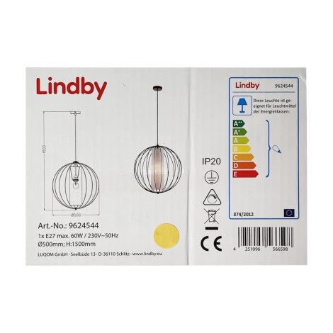 Lindby - Csillár zsinóron KORIKO 1xE27/60W/230V