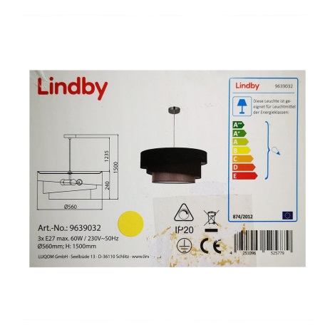 Lindby - Csillár zsinóron MELIA 3xE27/60W/230V