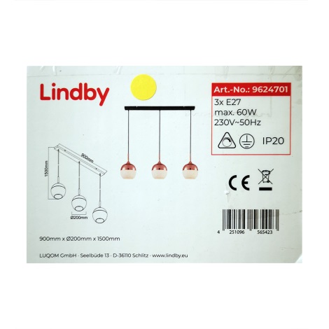 Lindby - Csillár zsinóron RANGINA 3xE27/60W/230V