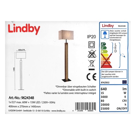 Lindby - LED Dimmelhető állólámpa GARRY 1xE27/60W/230V + LED/15W/230V