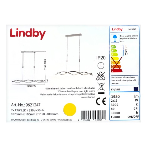 Lindby - LED Dimmelhető csillár zsinóron AURON 2xLED/12W/230V