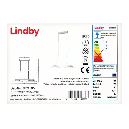 Lindby  - LED Dimmelhető csillár zsinóron JUDIE 2xLED/11,5W/230V