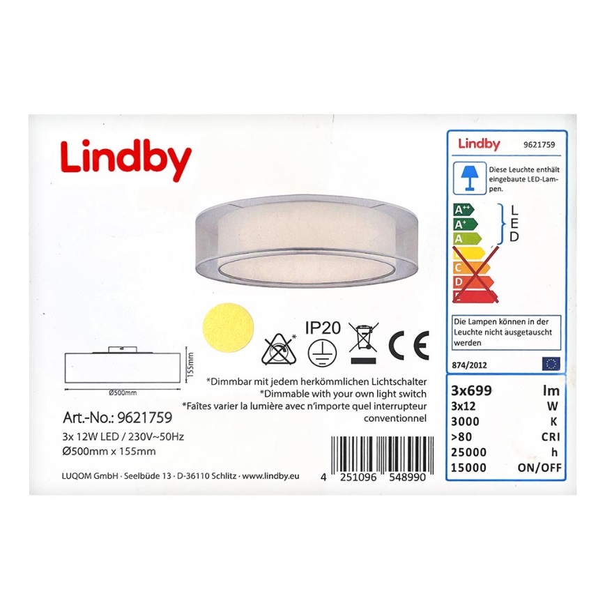 Lindby - LED Dimmelhető mennyezeti lámpa AMON 3xLED/12W/230V
