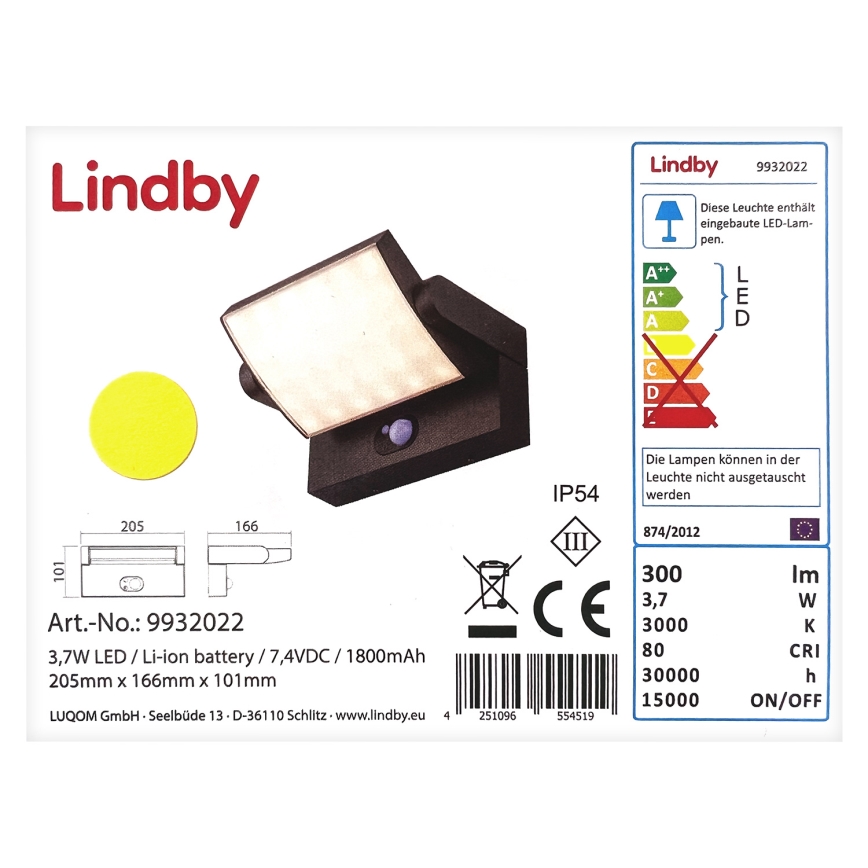Lindby - LED Napelemes érzékelős fali lámpa SHERIN LED/3,7W/7,4V 1800 mAh IP54