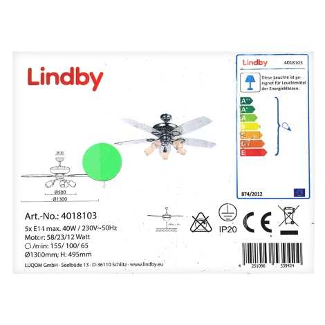 Lindby - Mennyezeti ventilátor lámpával CEDRIK 5xE14/40W/230V