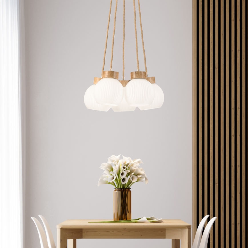 LOOMIS zsinóros csillár, 5×E27/15 W/230 V, 83 cm, bézs/tölgy