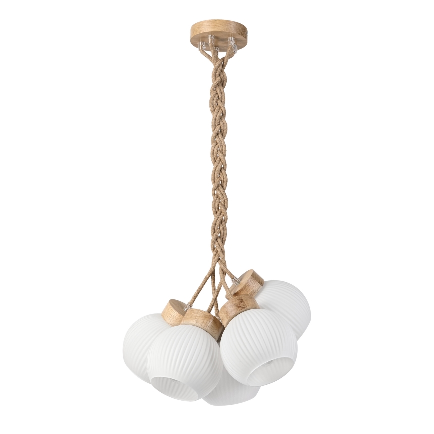 LOOMIS zsinóros csillár, 5×E27/15 W/230 V, 83 cm, bézs/tölgy