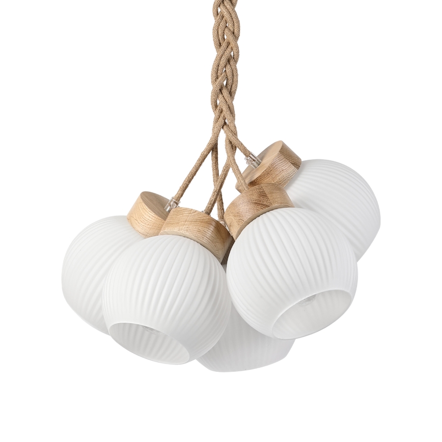 LOOMIS zsinóros csillár, 5×E27/15 W/230 V, 83 cm, bézs/tölgy
