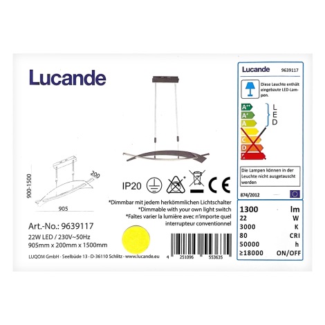 Lucande - LED Dimmelhető csillár zsinóron MARIJA LED/22W/230V