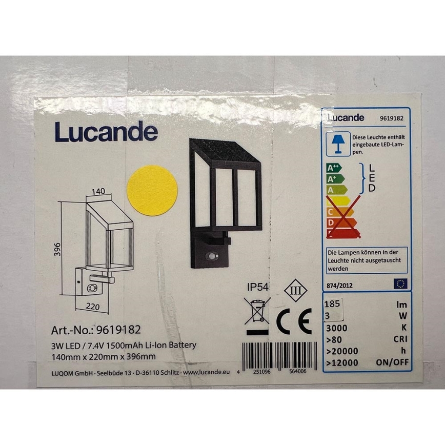 Lucande - LED Napelemes fali lámpa érzékelővel TIMEO LED/3W/3,7V IP54