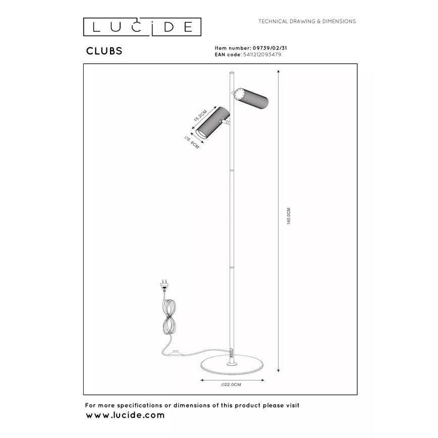 Lucide 09739/02/31 - Állólámpa CLUBS 2xGU10/40W/230V fehér