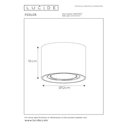Lucide 09921/12/31 - LED Dimmelhető spotlámpa FEDLER 1xGU10/12W/230V 2200-3000K CRI95 fehér