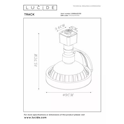 Lucide 09954/01/30 - TRACK sínrendszerbe szerelhető spotlámpa 1xGU10/ES111/50W/230V