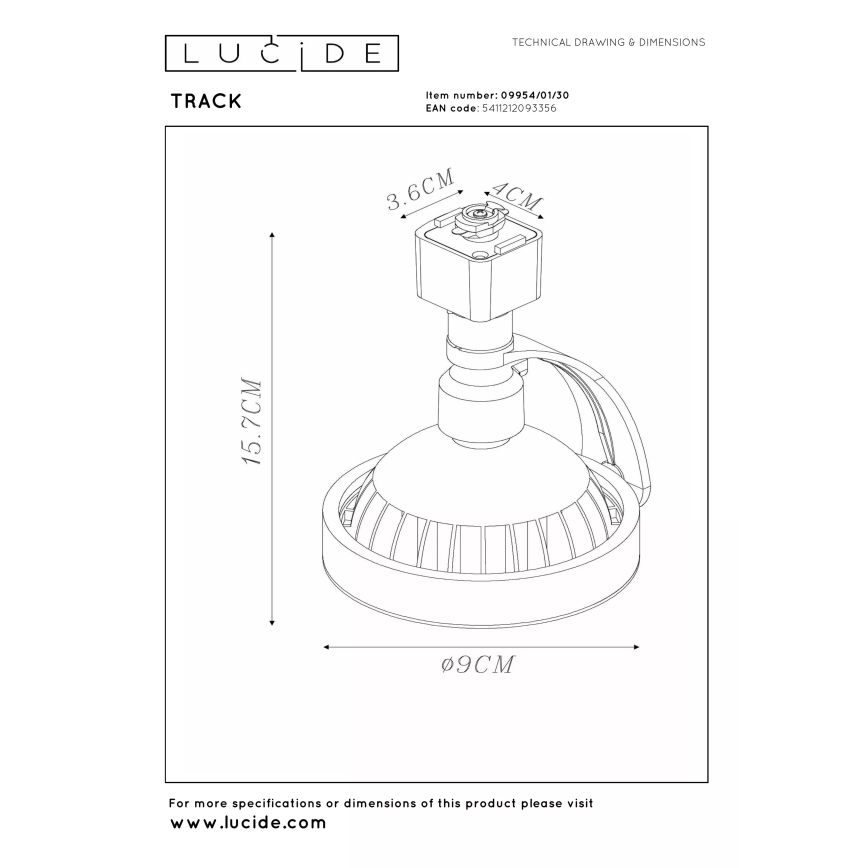 Lucide 09954/01/30 - TRACK sínrendszerbe szerelhető spotlámpa 1xGU10/ES111/50W/230V