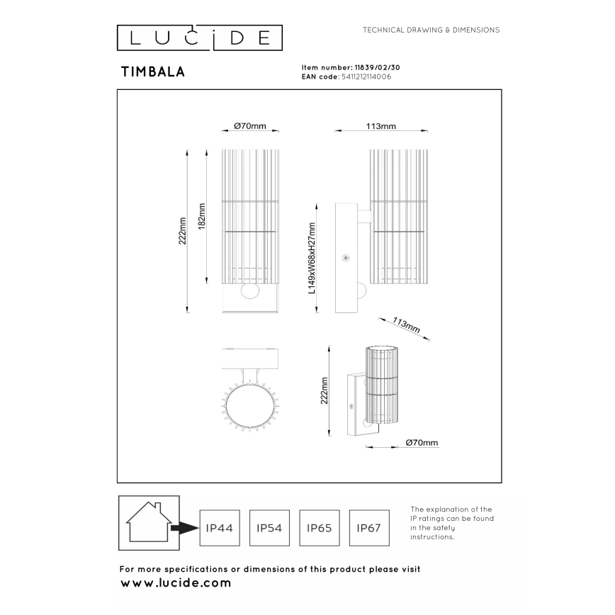Lucide 11839/02/30 - Kültéri fali lámpa érzékelővel TIMBALA 2xGU10/7W/230V IP44