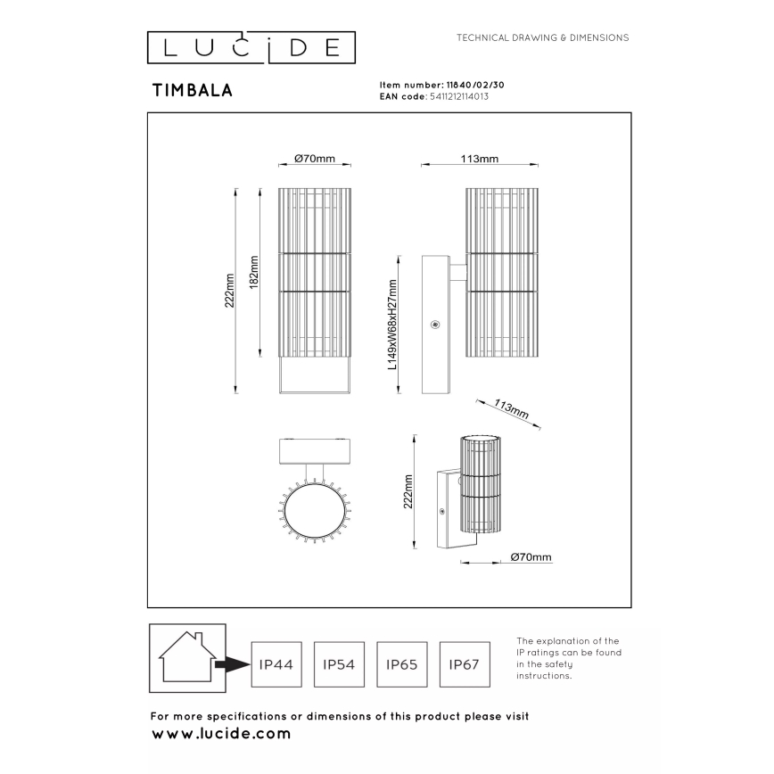 Lucide 11840/02/30 - Kültéri fali lámpatest TIMBALA 2xGU10/7W/230V IP44