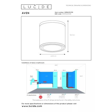 Lucide 22962/01/30 - Fürdőszobai mennyezeti lámpatest AVEN 1xGU10/50W/230V átm. 9 cm IP65 fekete