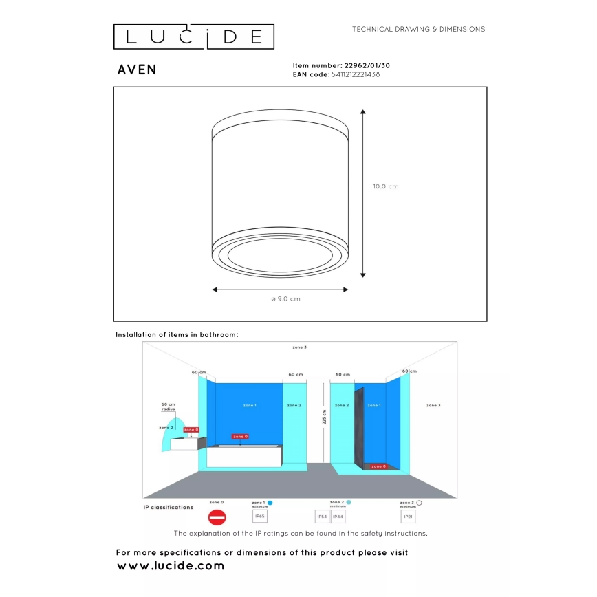 Lucide 22962/01/30 - Fürdőszobai mennyezeti lámpatest AVEN 1xGU10/50W/230V átm. 9 cm IP65 fekete