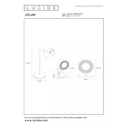 Lucide 46619/03/41 - LED dimmelhető, újratölthető asztali lámpa JOLAN LED/3,5W/5V 1200 mAh