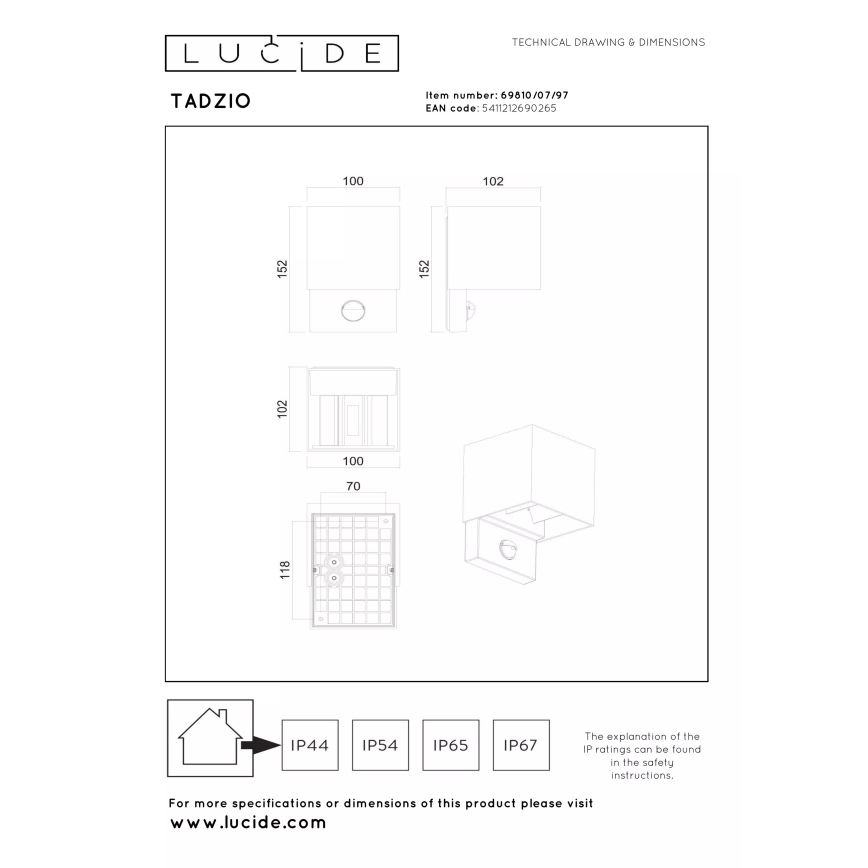 Lucide 69810/07/97 - LED kültéri fali lámpa mozgásérzékelővel TADZIO LED/7W/230V IP65