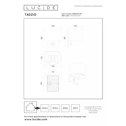Lucide 69811/07/97 - LED kültéri fali világítótest mozgásérzékelővel TADZIO LED/7W/230V IP65