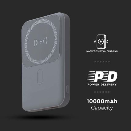 Mágneses Powerbank vezeték nélküli töltéssel Power Delivery 10 000mAh/20W/3,7V szürke