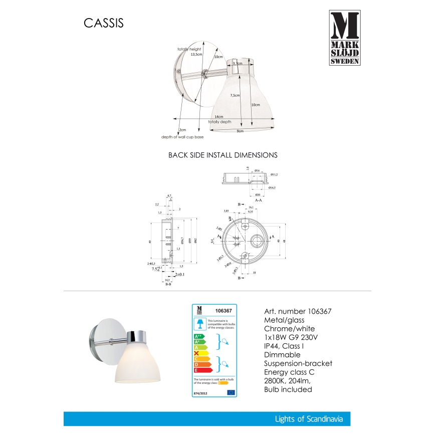 Markslöjd 106367 - Fürdőszobai feli lámpa CASSIS 1xG9/18W/230V IP44