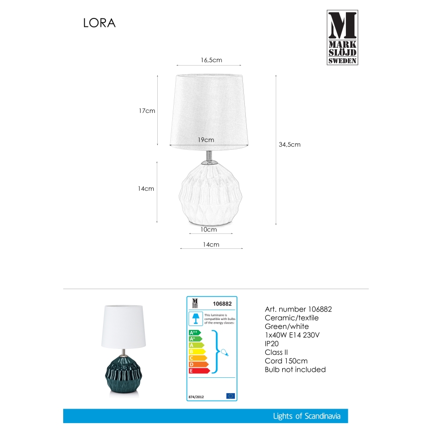 Markslöjd 106882 - Asztali lámpa LORA 1xE14/40W/230V zöld