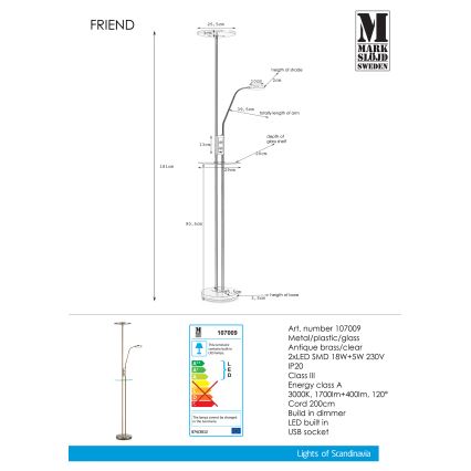Markslöjd 107009 - LED Szabályozható állólámpa FRIEND LED/18W/230V + LED/5W