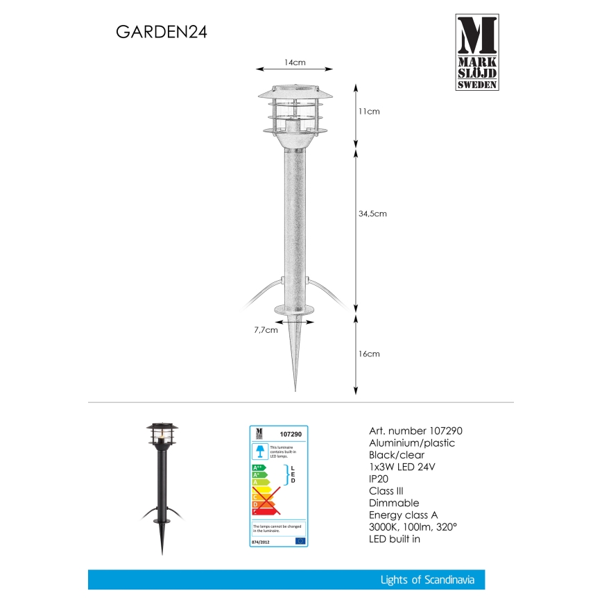 Markslöjd 107290 - LED Kültéri lámpa GARDEN 24 LED/3W/24V 45 cm IP44 fekete