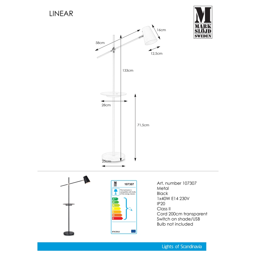 Markslöjd 107307 - Állólámpa USB - vel LINEAR 1xE14/40W/230V