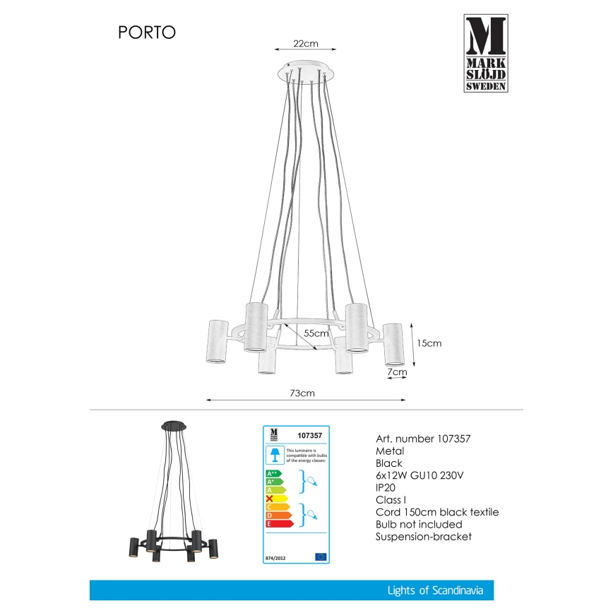 Markslöjd 107357 - Csillár zsinóron PORTO 6xGU10/12W/230V