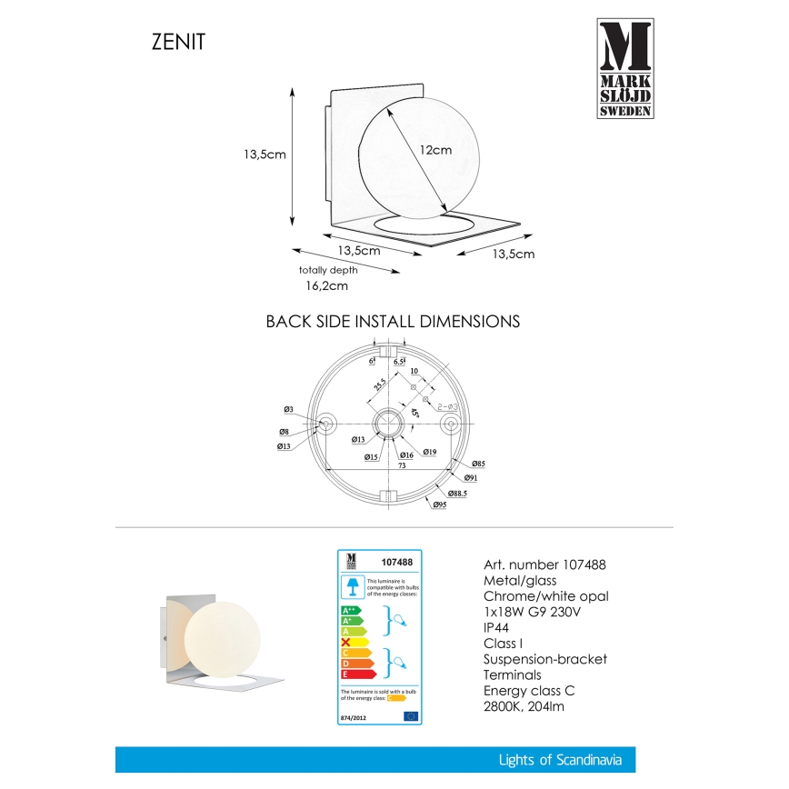 Markslöjd 107488 - Fürdőszobai fali lámpa ZENIT 1xG9/18W/230V IP44