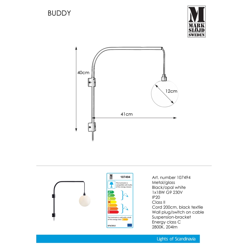 Markslöjd 107494 - Fali lámpa BUDDY 1xG9/18W/230V