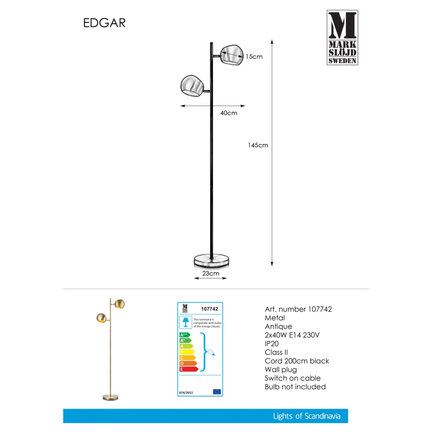 Markslöjd 107742 - Állólámpa EDGAR 2xE14/40W/230V