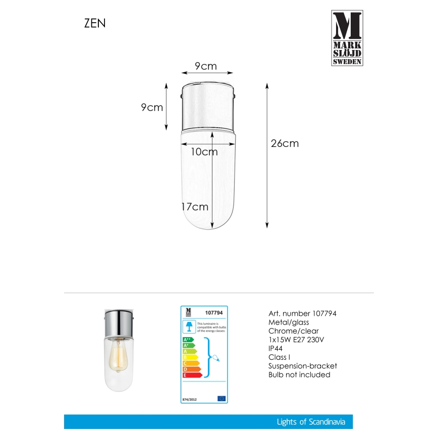 Markslöjd 107794 - Fürdőszobai mennyezeti lámpa ZEN 1xE27/15W/230V IP44