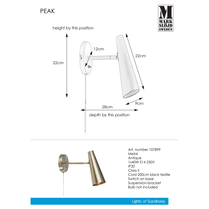 Markslöjd 107899 - Fali lámpa PEAK 1xE14/40W/230V
