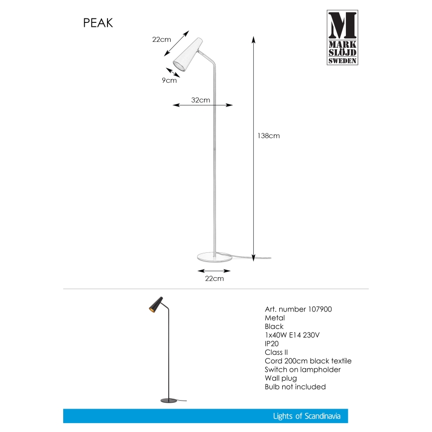 Markslöjd 107900 - Állólámpa PEAK 1xE14/40W/230V