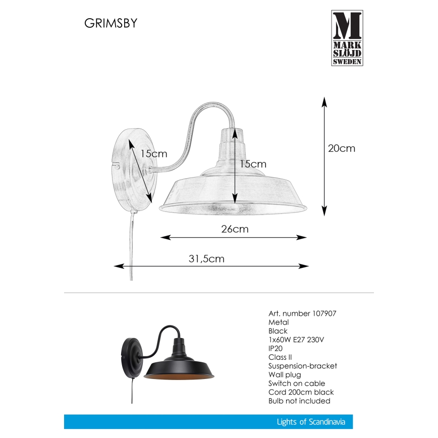 Markslöjd 107907 - Fali lámpa GRIMSBY 1xE27/60W/230V