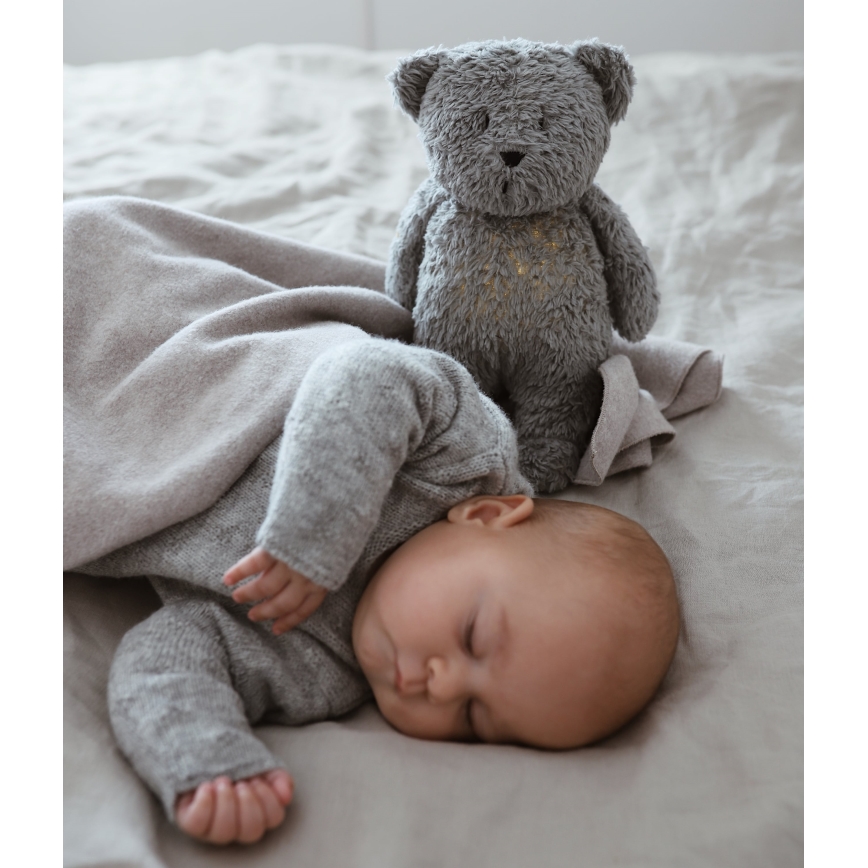 Moonie - Snuggle buddy dallammal és lámpával maci ásványi organikus szürke