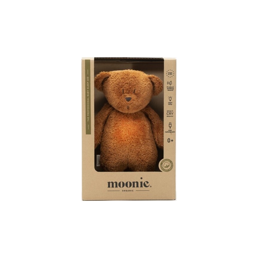 Moonie - Snuggle buddy dallammal és világítással medvebocs 2.0 organic caramel