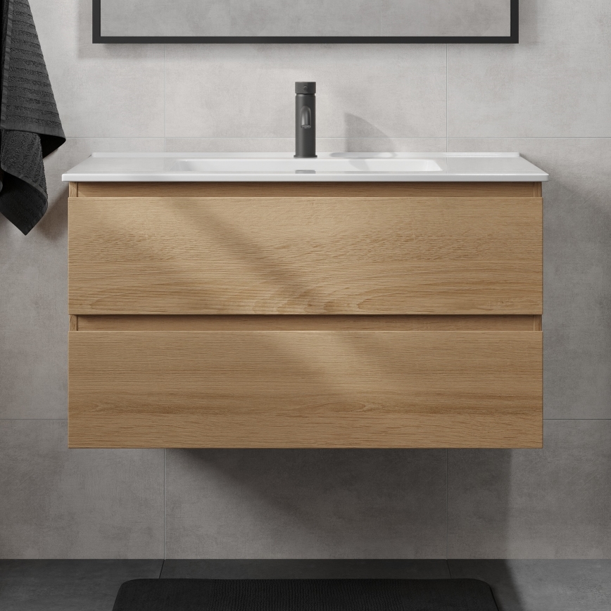 Mosdóval ellátott fürdőszobai szekrény KENWOOD 91 cm tölgy/fehér