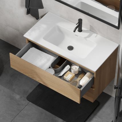 Mosdóval ellátott fürdőszobai szekrény KENWOOD 91 cm tölgy/fehér