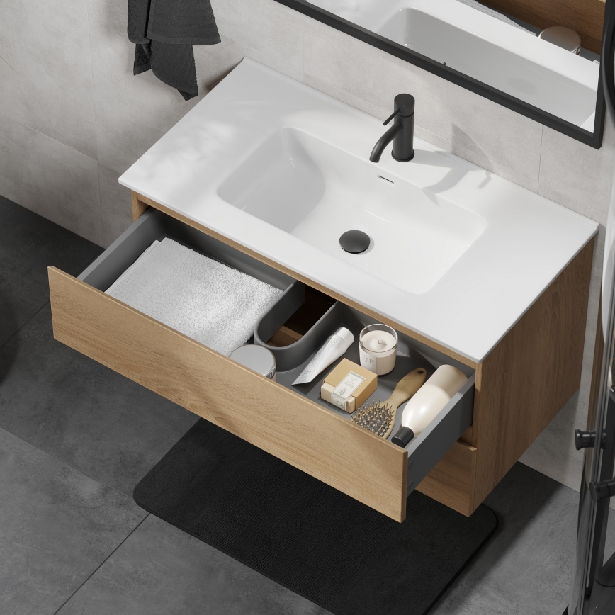 Mosdóval ellátott fürdőszobai szekrény KENWOOD 91 cm tölgy/fehér