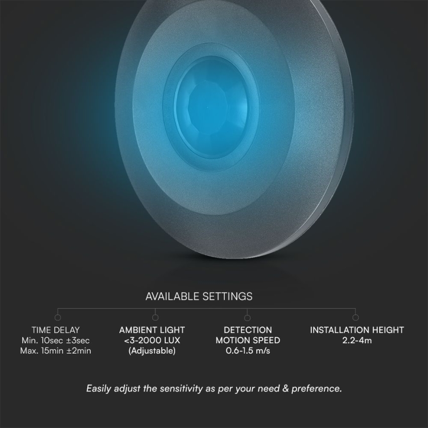 Mozgásérzékelő mennyezeti PIR 360° 1000W/230V fekete